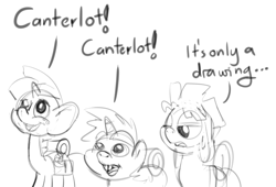 Size: 1000x680 | Tagged: safe, artist:smudge proof, snails, snips, oc, comic:heads and tails, canterlot, monochrome, monty python, monty python and the holy grail, ponified, sketch