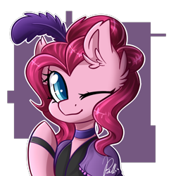 Size: 3000x3000 | Tagged: safe, artist:colirosablitz, pinkie pie, earth pony, pony, abstract background, bust, clothes, colored pupils, cute, diapinkes, dress, female, high res, mare, one eye closed, portrait, saloon pinkie, solo, wink