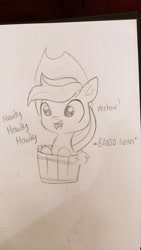 Size: 2340x4160 | Tagged: safe, artist:tjpones, applejack, earth pony, pony, bucket, descriptive noise, dialogue, grayscale, howdy, monochrome, solo, traditional art, yeehaw