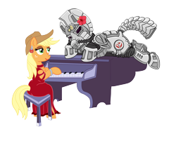 Size: 3500x3000 | Tagged: safe, artist:ghouleh, applejack, oc, oc:steelhooves, earth pony, pony, fallout equestria, applejack's rangers, armor, clothes, cowboy hat, dress, element of honesty, fanfic, fanfic art, female, flower, gun, hat, hibiscus, hooves, inktober, jewelry, male, mare, ministry mares, piano, power armor, red dress, shipping, simple background, stallion, steel ranger, steel rangers, straight, transparent background, weapon