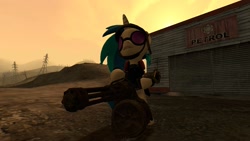 Size: 1176x664 | Tagged: safe, dj pon-3, vinyl scratch, pony, unicorn, 3d, fallout, fallout 4, gmod, minigun, vault suit