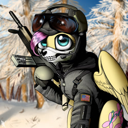 Size: 1161x1163 | Tagged: safe, artist:supermare, fluttershy, pegasus, pony, badass, call of duty, clothes, crossover, female, flutterbadass, gun, headset, mask, modern warfare 2, solo, sunglasses, united states, weapon