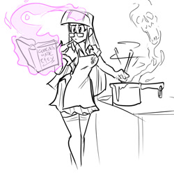 Size: 900x900 | Tagged: safe, artist:jonfreeman, derpibooru import, twilight sparkle, human, apron, clothes, cookbook, cooking, giving up the ghost, glasses, humanized, levitation, magic, sketch, skull, solo, telekinesis, this will end in tears and/or breakfast