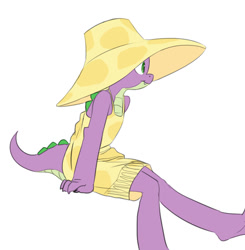 Size: 937x955 | Tagged: safe, artist:carnifex, barb, spike, dragon, clothes, dress, female, hat, older, rule 63, simple background, sitting, smiling, solo, sun hat, white background