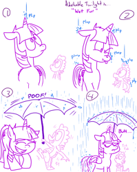 Size: 1280x1611 | Tagged: safe, artist:adorkabletwilightandfriends, derpibooru import, spike, twilight sparkle, twilight sparkle (alicorn), alicorn, dragon, pony, comic:adorkable twilight and friends, adorkable twilight, comic, lineart, plot, rain, simple background, slice of life, umbrella, wet, wet hair, wet tail