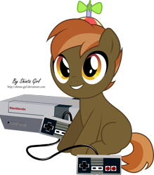 Size: 2841x3249 | Tagged: safe, artist:shinta-girl, button mash, earth pony, pony, blank flank, colt, foal, hat, hooves, male, nintendo, nintendo entertainment system, propeller hat, simple background, sitting, smiling, solo, teeth, transparent background