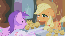 Size: 1280x720 | Tagged: safe, screencap, amethyst star, applejack, sparkler, earth pony, pony, unicorn, applebuck season, applejack's hat, bags under eyes, baked bads, cowboy hat, cute, eyes closed, female, floppy ears, food, happy, hat, hate, mare, mouth hold, muffin, orange, purple, smiling, smirk, standing, stetson, this will end in pain, this will end in sickness, tired