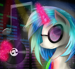 Size: 1200x1100 | Tagged: safe, artist:chanceyb, dj pon-3, vinyl scratch, pony, unicorn, bust, female, glowing horn, horn, levitation, magic, mare, portrait, record, solo, sunglasses, telekinesis