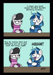 Size: 1748x2480 | Tagged: safe, artist:bobthedalek, dj pon-3, octavia melody, vinyl scratch, earth pony, pony, unicorn, clothes, comic, cookie, female, food, hearth's warming, mare, mug, screaming, sweater, this will end in weight gain, this will end with octamum, unamused