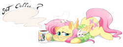 Size: 1280x499 | Tagged: safe, artist:g-blue16, part of a set, angel bunny, fluttershy, pegasus, pony, clothes, coffee, coffee mug, duo, female, folded wings, hair ornament, lidded eyes, looking at you, looking sideways, mare, morning ponies, mug, obtrusive watermark, pajamas, prone, simple background, transparent background, watermark