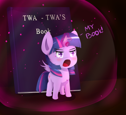 Size: 1600x1463 | Tagged: safe, artist:nihithebrony, derpibooru import, twilight sparkle, twilight sparkle (alicorn), alicorn, pony, book, bookhorse, chibi, force field, open mouth, possessive, solo, spread wings, that pony sure does love books