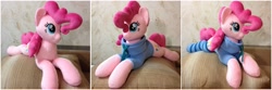 Size: 2400x800 | Tagged: safe, artist:burgunzik, pinkie pie, pony, clothes, hoodie, irl, photo, plushie, prone, socks, solo, striped socks