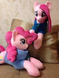 Size: 720x960 | Tagged: safe, artist:burgunzik, pinkie pie, pony, clothes, duality, hoodie, irl, photo, pinkamena diane pie, plushie