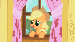 Size: 1280x720 | Tagged: safe, screencap, applejack, earth pony, pony, the show stoppers, applejack's hat, clubhouse, cowboy hat, crusaders clubhouse, curtains, cute, female, hat, jackabetes, mare, open mouth, smiling, solo, stetson, treehouse, window