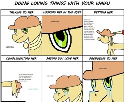 Size: 728x601 | Tagged: artist needed, safe, applejack, earth pony, pony, 1000 hours in ms paint, applejack's hat, chart, close-up, cowboy hat, crying, dialogue, doing loving things, greentext, hat, implied human, meme, petting, stetson, tears of joy, text, vulgar, waifu, wat, yeehaw