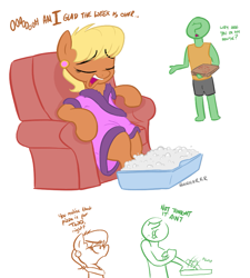 Size: 837x929 | Tagged: safe, artist:shoutingisfun, ms. harshwhinny, oc, oc:anon, earth pony, human, pony, anon's couch, bubble, clothes, dialogue, ear piercing, eyes closed, female, food, human male, male, mare, open mouth, piercing, pizza, simple background, white background