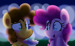 Size: 3031x1872 | Tagged: safe, artist:bubbly-storm, cheese sandwich, pinkie pie, earth pony, pony, blushing, cheesepie, female, flower, looking at each other, male, mare, shipping, smiling, stallion, straight