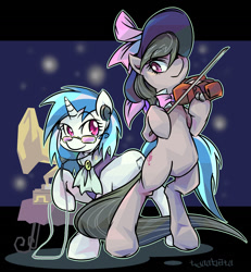 Size: 1600x1729 | Tagged: safe, artist:tyuubatu, dj pon-3, octavia melody, vinyl scratch, earth pony, pony, a hearth's warming tail, bipedal, duo, glasses, gramophone, hat, headphones, smiling, victrola scratch, violin