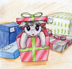 Size: 2418x2314 | Tagged: safe, artist:40kponyguy, derpibooru exclusive, octavia melody, earth pony, pony, 30 minute art challenge, christmas, cute, floppy ears, heart eyes, looking at you, present, solo, tavibetes, traditional art, wingding eyes