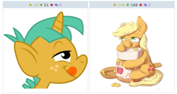 Size: 523x278 | Tagged: safe, derpibooru import, applejack, snails, earth pony, pony, applesauce, appletini, derpibooru, exploitable meme, juxtaposition, juxtaposition win, licking lips, meme, meta