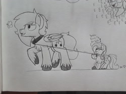 Size: 2576x1932 | Tagged: safe, artist:drheartdoodles, fluttershy, oc, oc:dr.heart, butterfly, pegasus, pony, collar, dialogue, leash, lined paper, pet play, size difference, traditional art, unshorn fetlocks