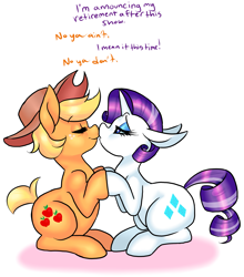 Size: 1815x2065 | Tagged: safe, artist:mrspinkpuds, applejack, rarity, earth pony, pony, unicorn, alternate hairstyle, boop, dialogue, eyes closed, female, lesbian, noseboop, older, rarijack, shipping, simple background, smiling, white background