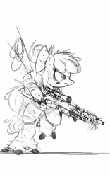 Size: 2500x4000 | Tagged: safe, artist:ncmares, apple bloom, cyborg, earth pony, pony, fanfic:night mares, bipedal, black and white, female, filly, grayscale, gun, hooves, mechanical hands, military, monochrome, optical sight, rifle, simple background, sketch, sniper, sniper rifle, solo, weapon, white background