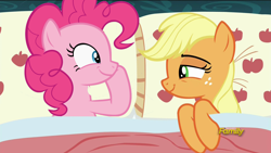 Size: 1920x1080 | Tagged: safe, edit, edited screencap, screencap, applejack, pinkie pie, earth pony, pony, 28 pranks later, secrets and pies, applejack's bed partner, applepie, bed, female, lesbian, mare, meme, pillow, shipping