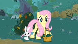 Size: 1920x1080 | Tagged: safe, screencap, angel bunny, fluttershy, pegasus, pony, rabbit, yakity-sax, basket, duo, female, flower, male, mare