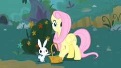 Size: 1920x1080 | Tagged: safe, screencap, angel bunny, fluttershy, pegasus, pony, rabbit, yakity-sax, basket, duo, female, flower, male, mare