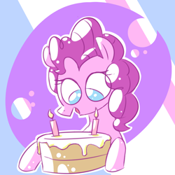 Size: 800x800 | Tagged: safe, artist:rawrienstein, pinkie pie, earth pony, pony, birthday, birthday cake, cake, candle, eyes on the prize, female, food, mare, open mouth, smiling, solo