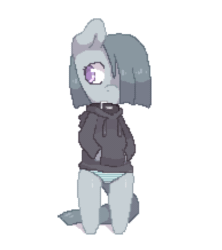 Size: 500x564 | Tagged: safe, artist:lonelycross, marble pie, animated, clothes, collar, hoodie, lonely inky, panties, pixel art, solo, striped underwear, underwear