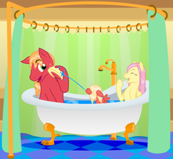 Size: 2982x2760 | Tagged: safe, artist:zoness, derpibooru exclusive, big macintosh, fluttershy, oc, oc:cellini, pegasus, pony, bath, bathtub, claw foot bathtub, family, female, filly, floppy ears, fluttermac, laughing, male, offspring, parent:big macintosh, parent:fluttershy, parents:fluttermac, puffy cheeks, shipping, shower curtain, spitting, straight, wet mane