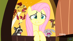 Size: 1920x1080 | Tagged: safe, screencap, clementine, fluttershy, cardinal, giraffe, otter, pegasus, pony, rabbit, raccoon, yakity-sax, crying, door, doorway, fluttershy's cottage, regular show, rigby