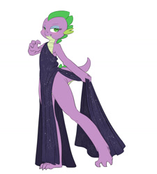 Size: 1030x1146 | Tagged: safe, artist:carnifex, barb, spike, dragon, armpits, bedroom eyes, clothes, dress, female, gown, looking at you, rule 63, side slit, simple background, smiling, solo, white background