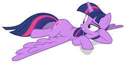 Size: 2118x1058 | Tagged: safe, artist:éclair, twilight sparkle, twilight sparkle (alicorn), alicorn, pony, castle sweet castle, female, looking back, mare, prone, simple background, solo, sploot, vector, white background, wings