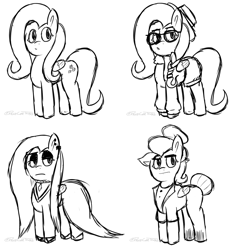 Size: 1022x1115 | Tagged: safe, artist:pagecartoons, fluttershy, pegasus, pony, fake it 'til you make it, alternate hairstyle, clothes, female, fluttergoth, glasses, hat, hipstershy, mare, monochrome, severeshy, shirt, shorts, signature, simple background, sketch