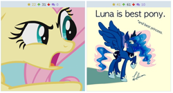 Size: 516x278 | Tagged: safe, artist:asklunaandx, derpibooru import, fluttershy, princess luna, alicorn, pegasus, pony, best pony, derpibooru, exploitable meme, juxtaposition, juxtaposition win, lunadoodle, meme, meta