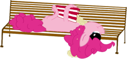 Size: 650x303 | Tagged: safe, artist:inthewind, pinkie pie, earth pony, pony, bench, female, food, glasses, mare, on back, popcorn, simple background, solo, transparent background