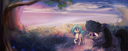 Size: 2200x880 | Tagged: safe, artist:cometakat, dj pon-3, octavia melody, vinyl scratch, earth pony, pony, female, forest, grass, lesbian, scratchtavia, shipping