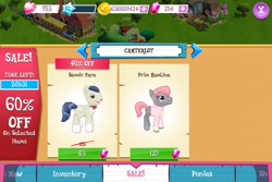 Size: 960x640 | Tagged: safe, prim hemline, savoir fare, bits, canterlot, gameloft, gem, heart, ios, meta, ponyville, sale