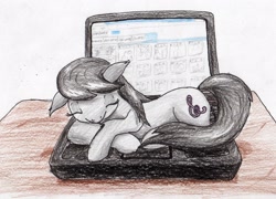 Size: 2538x1825 | Tagged: safe, artist:40kponyguy, derpibooru exclusive, octavia melody, earth pony, pony, 40kponyguy is trying to murder us, behaving like a cat, cattavia, computer, crossed hooves, cute, derpibooru, eyes closed, floppy ears, fluffy, laptop computer, meta, pony pet, prone, sleeping, smiling, solo, tavibetes, traditional art