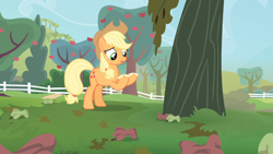 Size: 1366x768 | Tagged: safe, screencap, applejack, earth pony, pony, bats!, apple, apple tree, female, food, hooves, leaves, mare, out of context, rotten apple, solo, sweet apple acres, tree