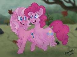 Size: 2732x2048 | Tagged: safe, artist:itoruna-the-platypus, pinkie pie, pinkie pie (g3), earth pony, pony, g3, duo, g3 to g4, generation leap, generational ponidox, happy, looking at each other, open mouth, pronking, self ponidox, smiling