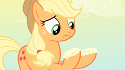 Size: 1366x768 | Tagged: safe, screencap, applejack, earth pony, pony, bats!, dawn, female, frown, hooves, mare, solo, upset