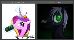 Size: 517x282 | Tagged: safe, artist:rachi, artist:xain-russell, princess cadance, alicorn, kelpie, pony, creepy, derpibooru, drinking, energy drink, exploitable meme, fanfic, fanfic art, fanfic cover, juxtaposition, juxtaposition win, meme, meta, monster energy, pixiv, solo