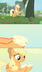 Size: 1366x2304 | Tagged: safe, edit, edited screencap, screencap, applejack, earth pony, pony, bats!, apple, apple core, bliss, dawn, food, hooves, rotten apple, screencap comic, solo, sweet apple acres, tree