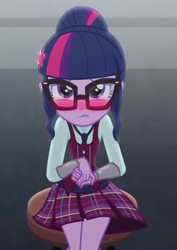 Size: 406x572 | Tagged: safe, derpibooru import, edit, edited screencap, screencap, sci-twi, twilight sparkle, equestria girls, friendship games, blushing, cropped, sitting