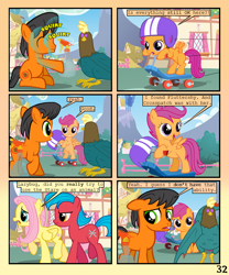 Size: 900x1080 | Tagged: safe, artist:lister-of-smeg, fluttershy, scootaloo, oc, oc:crosspatch, oc:lazybug, oc:scavenger (lister-of-smeg), cockatrice, earth pony, pegasus, pony, comic:crystal heart attack, bipedal, bottle, colt, comic, female, male, mare, scooter