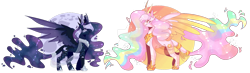 Size: 1600x470 | Tagged: safe, artist:akiiichaos, princess celestia, princess luna, alicorn, pony, alternate design, curved horn, deviantart watermark, horn, obtrusive watermark, simple background, transparent background, two toned wings, watermark, wings